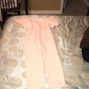 Off the shoulder light pink jumpsuit